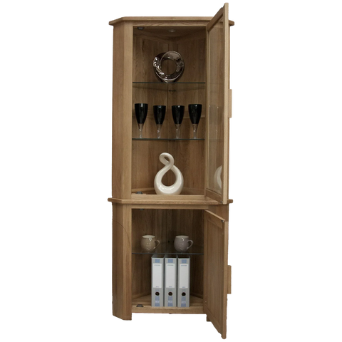 Oak corner display cabinet with glass doors, shelves, cups, wine glasses, and folders