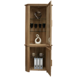 Oak corner display cabinet with glass doors, shelves, cups, wine glasses, and folders