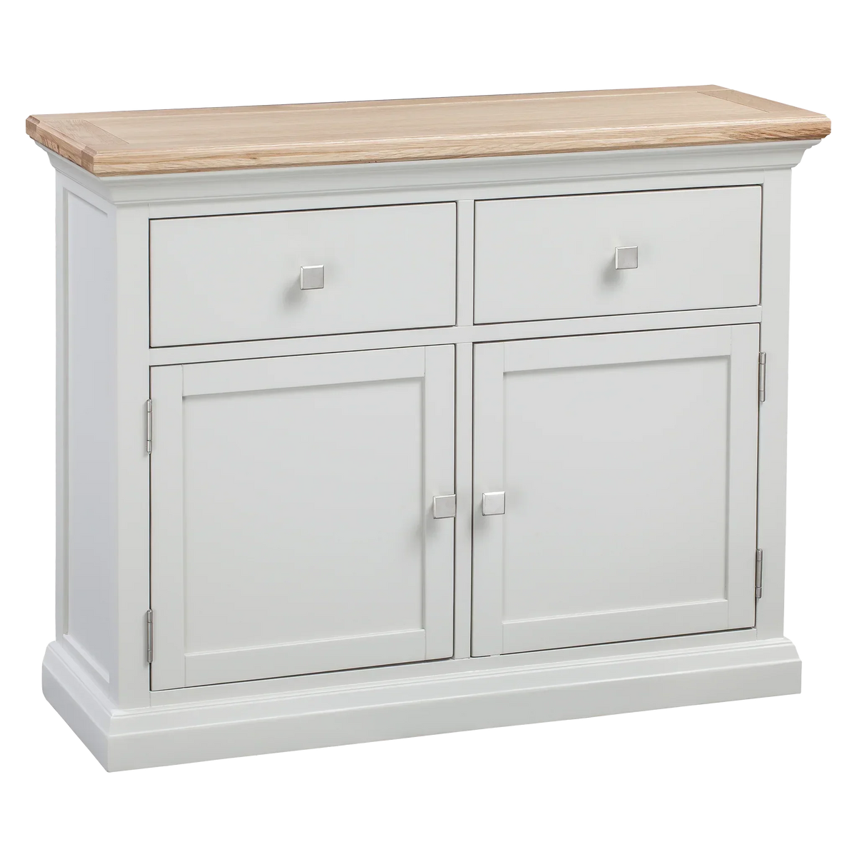 White sideboard cabinet with oak top, two drawers and double door storage