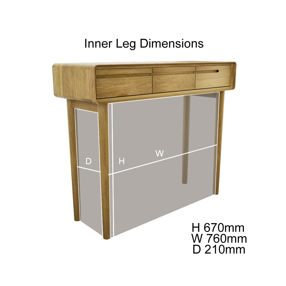 Oak console table with drawers showing inner leg dimensions H 670mm W 760mm D 210mm