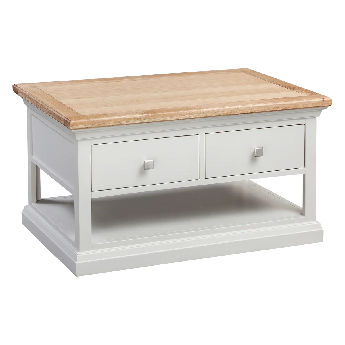 White wooden coffee table with two drawers, oak top, and lower storage shelf