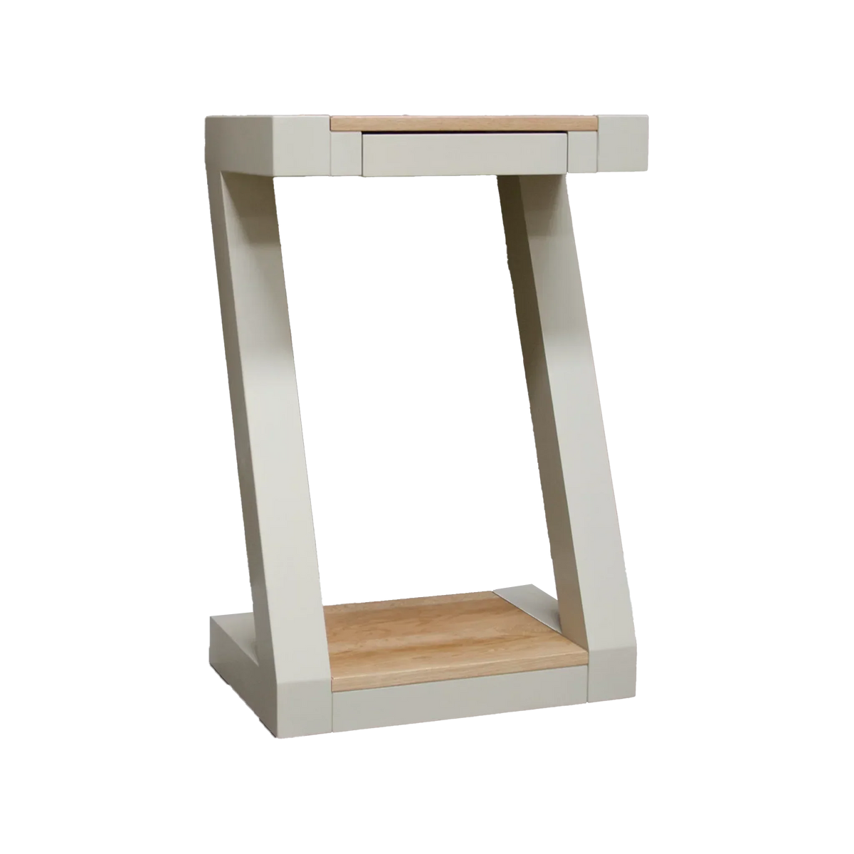 Cream and oak side table with angled legs and integrated drawer