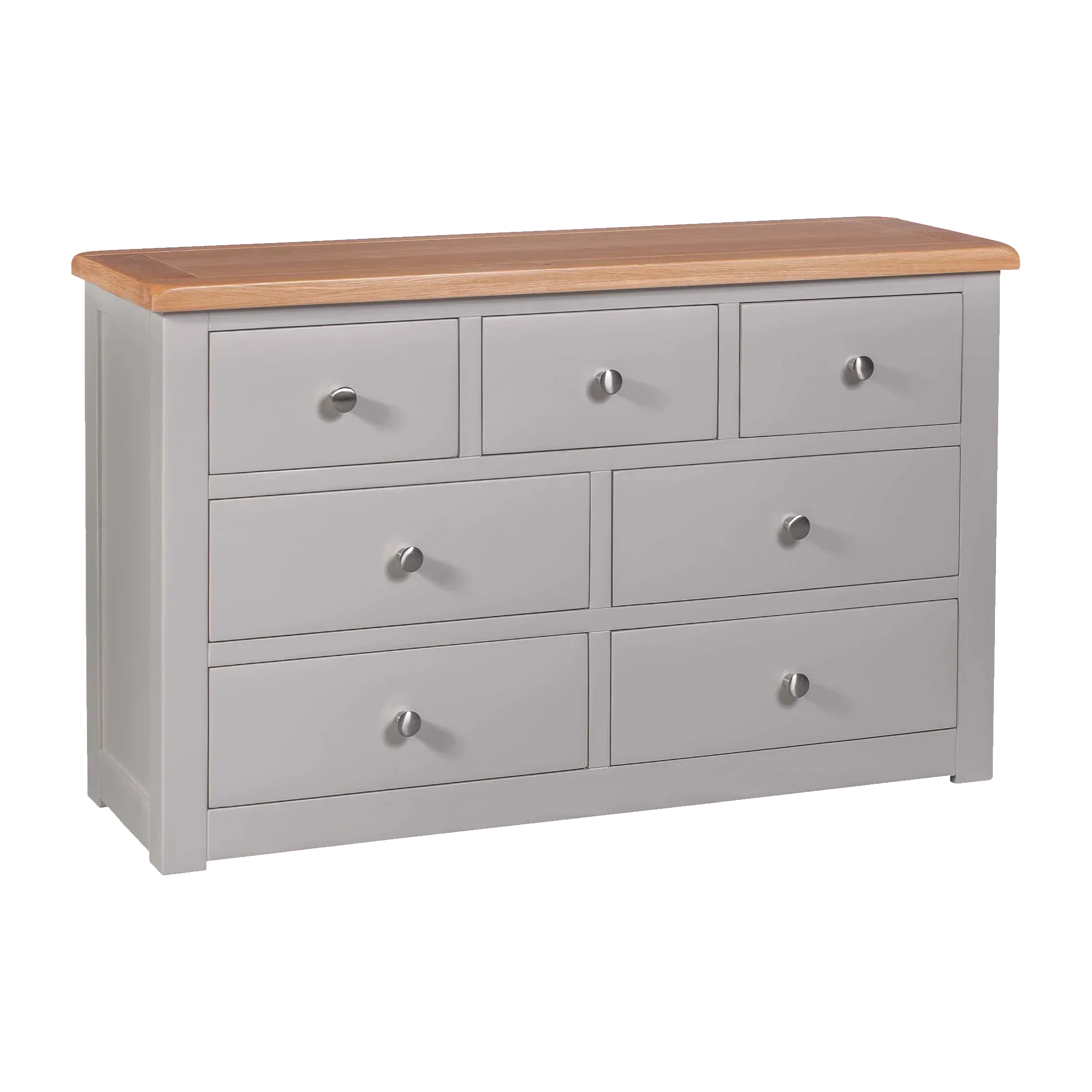 Grey wooden chest of drawers with natural oak top and seven metal handles, angled view