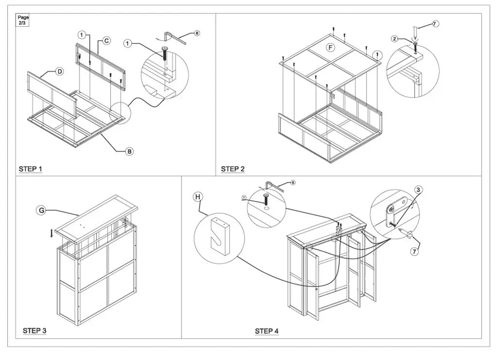 Step-by-step wooden cabinet assembly instructions with labeled parts and hardware details