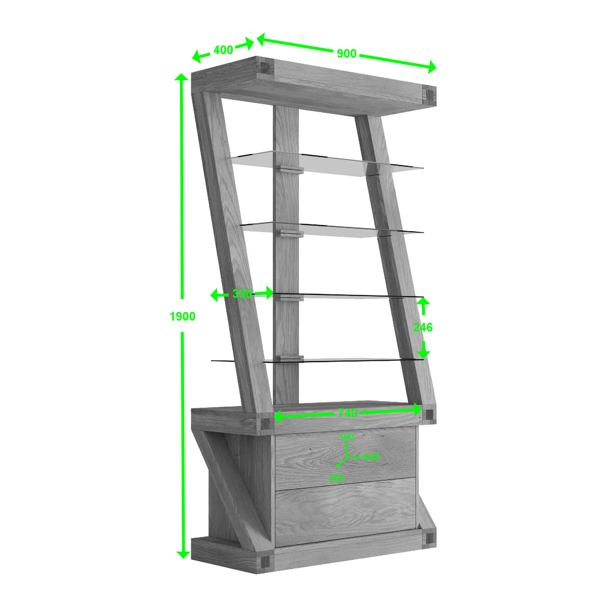 Wooden shelving unit with glass shelves, visible dimensions marked in green on white background