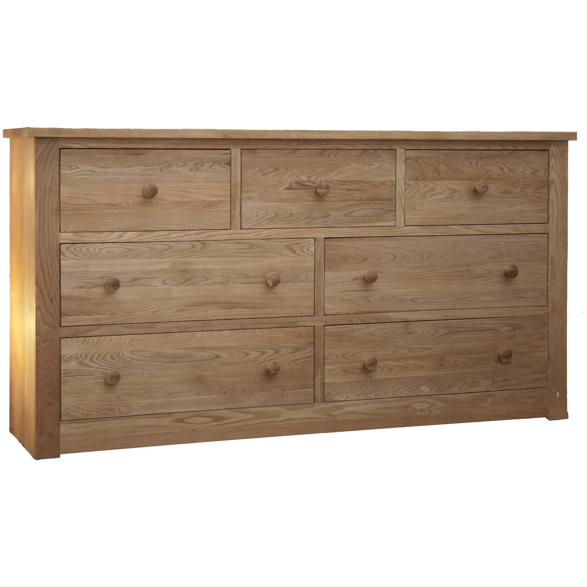 Natural oak chest of drawers with seven drawers and wooden knobs, front angle view