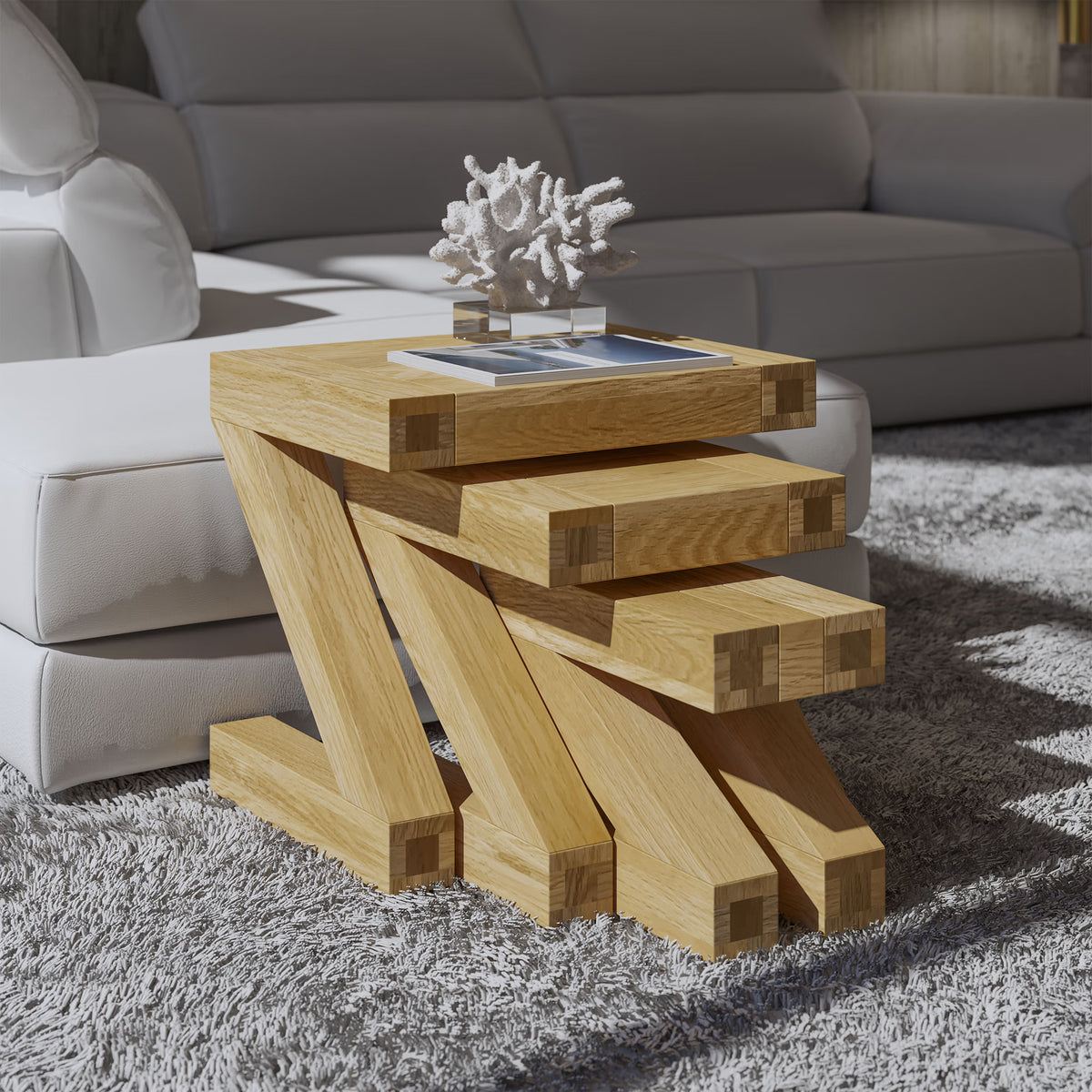 Modern wooden side table with geometric design beside white sofa on grey rug