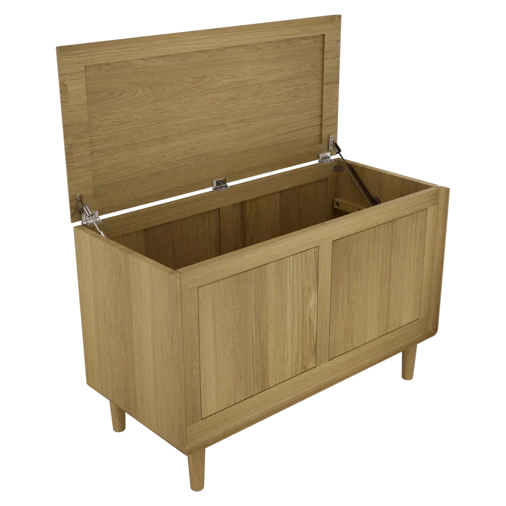 Oak storage bench with open lid and panel detailing on wooden legs