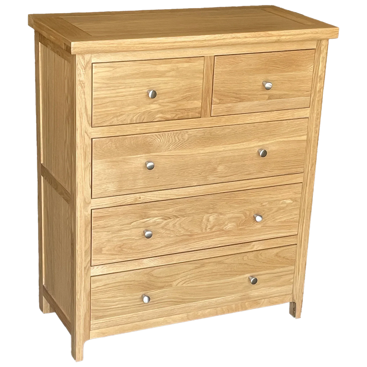 Oak chest of drawers with five drawers and metal handles, angled front view