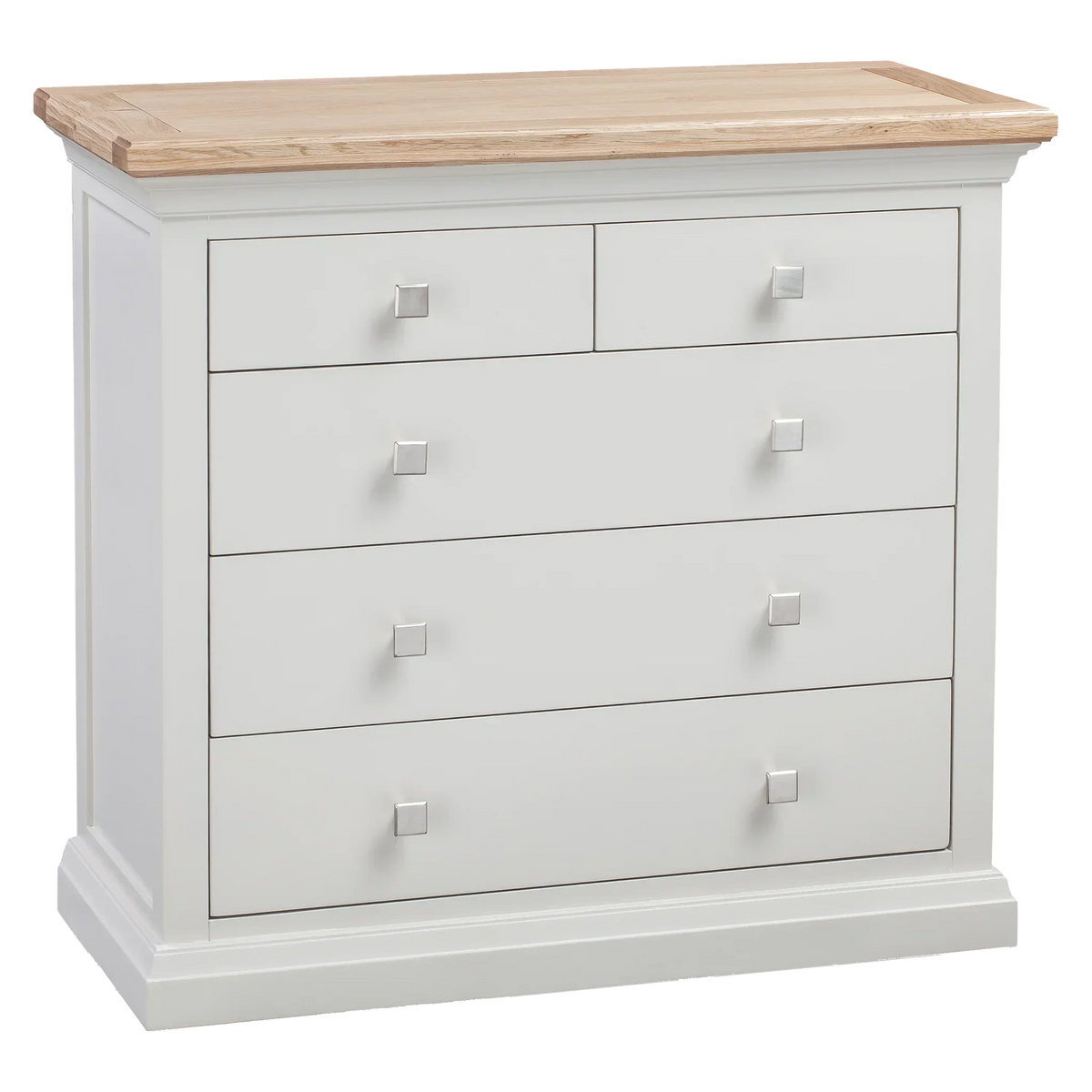 White chest of drawers with light oak top and square silver handles