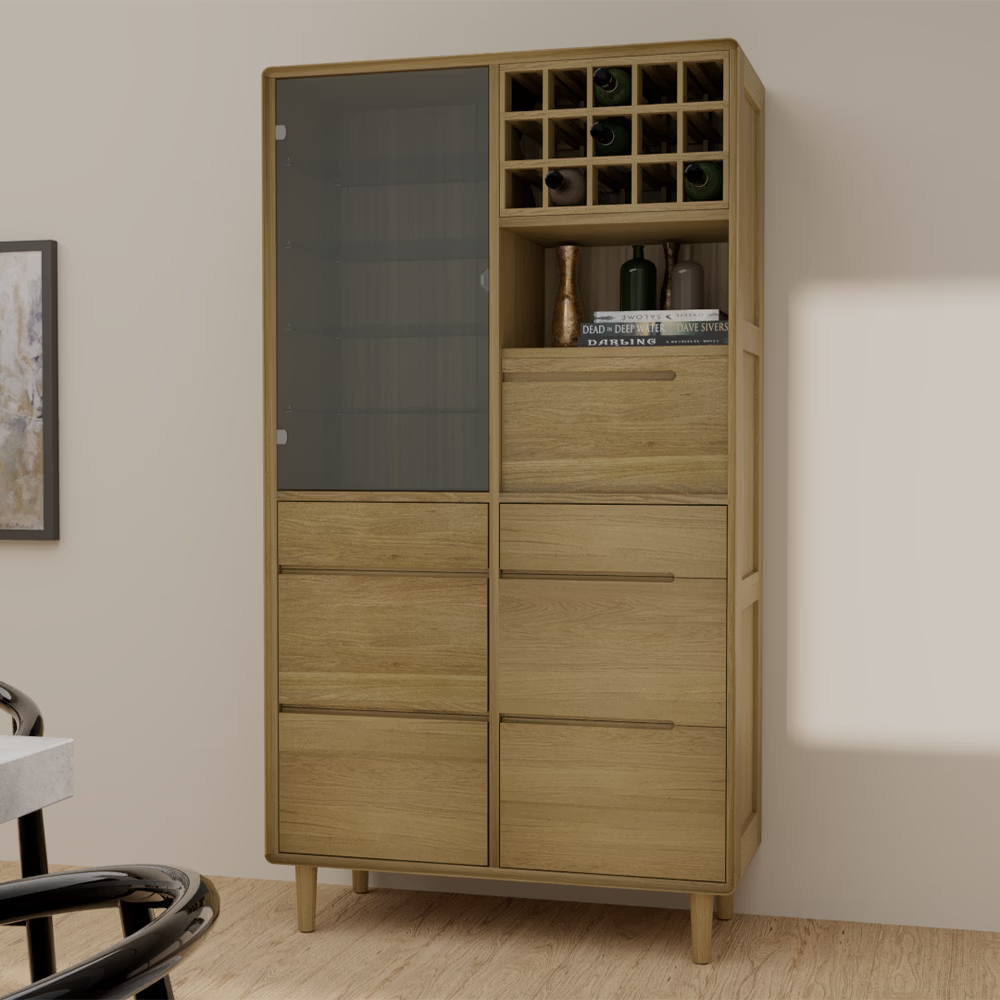 Oak wood sideboard cabinet with glass door, wine rack, drawers, and display shelves