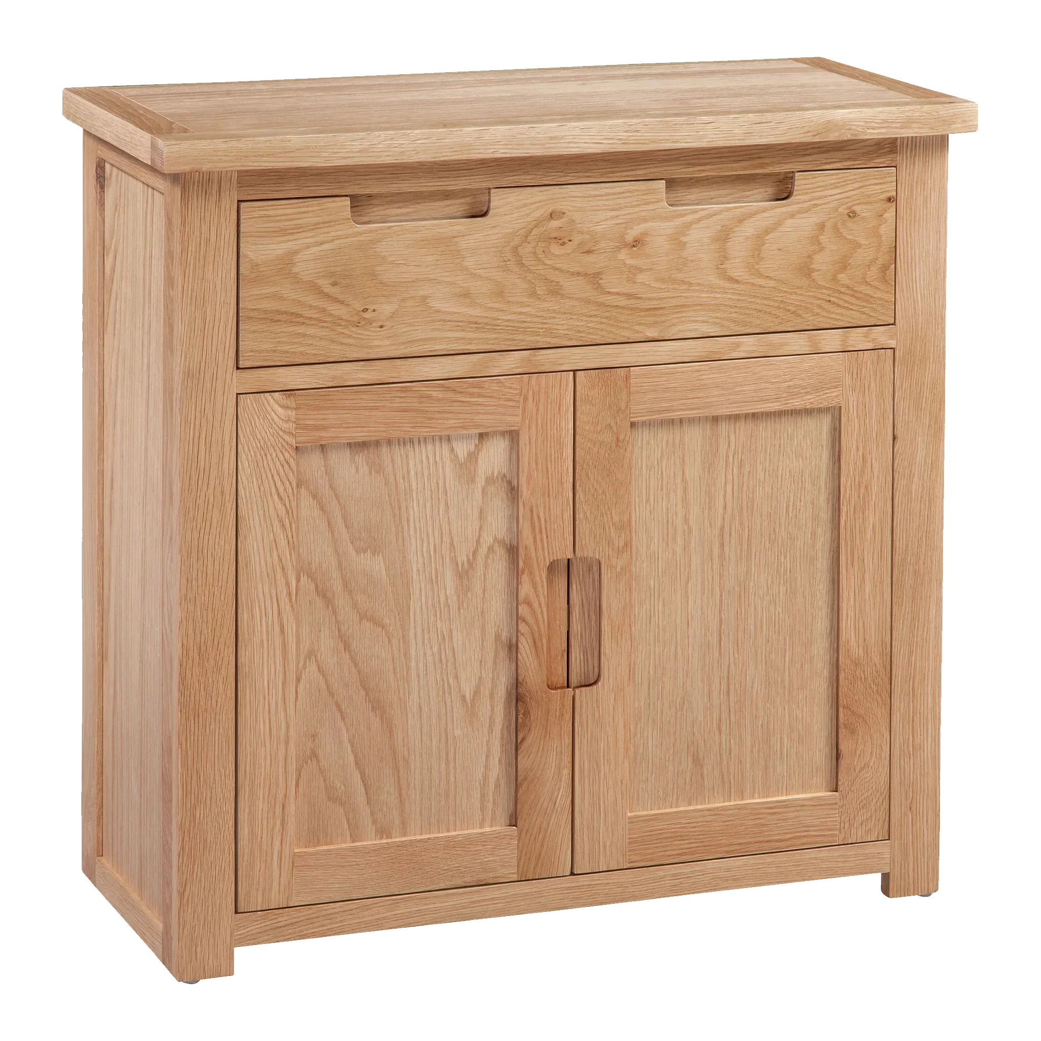 Light oak sideboard cabinet with single drawer and two doors, natural wood finish
