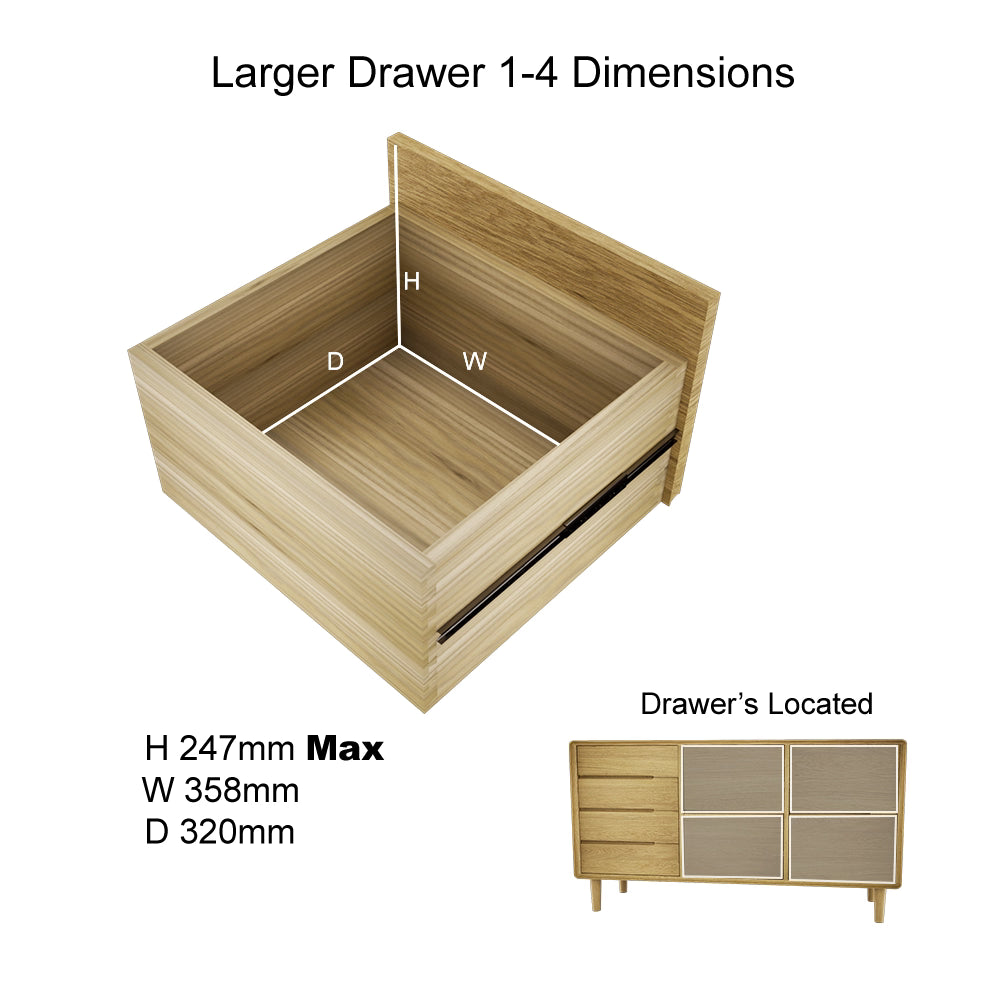 Wooden chest of drawers with labeled drawer dimensions, close-up on large drawer