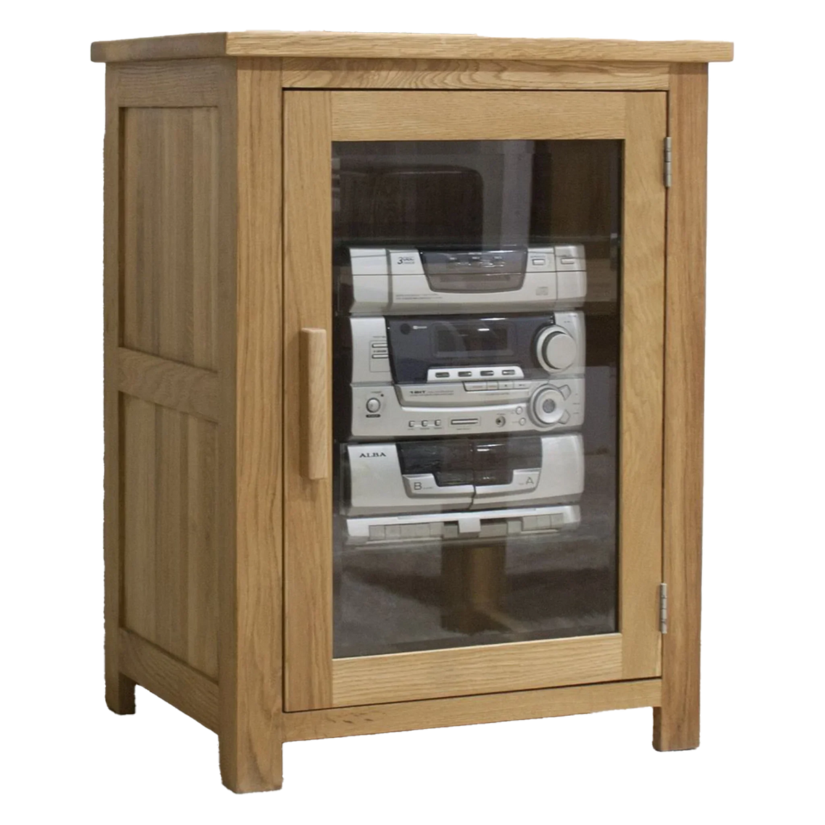 Oak media cabinet with glass door displaying audio equipment