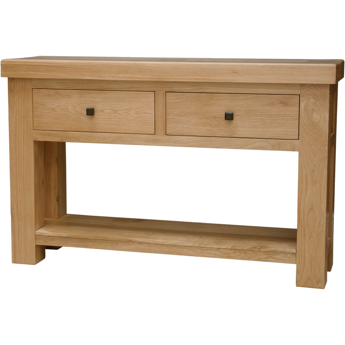Oak console table with two drawers and lower shelf for hallway storage