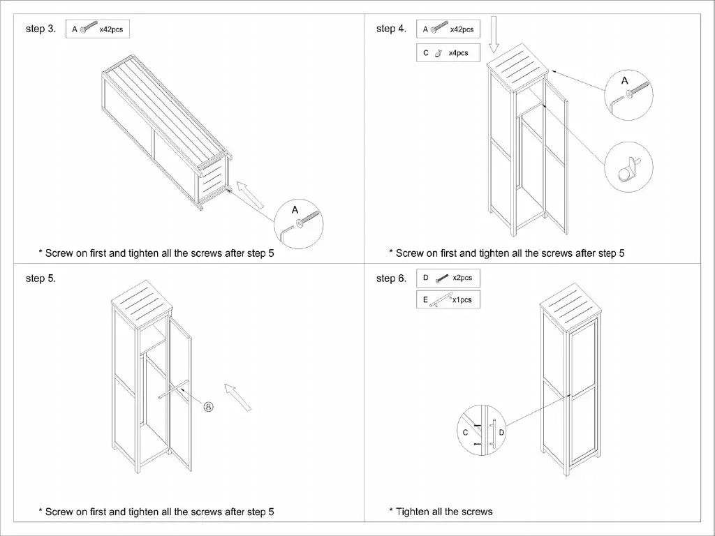 Assembly instructions for tall storage cabinet with step-by-step screw and panel installation guide