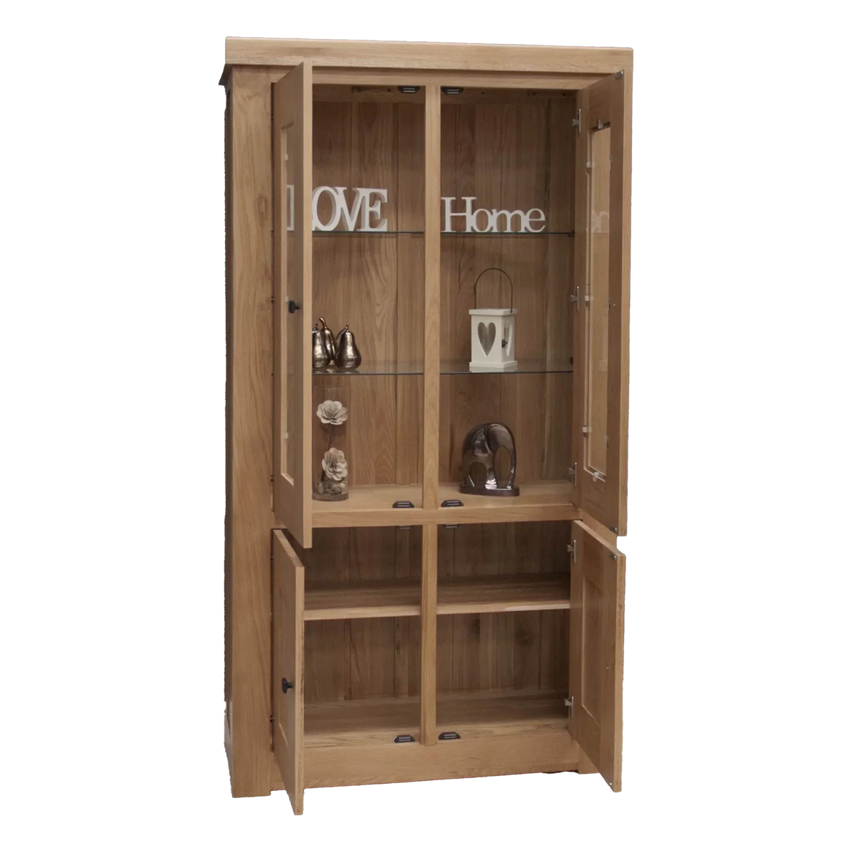 Oak display cabinet with glass doors, shelving and visible decorative items inside