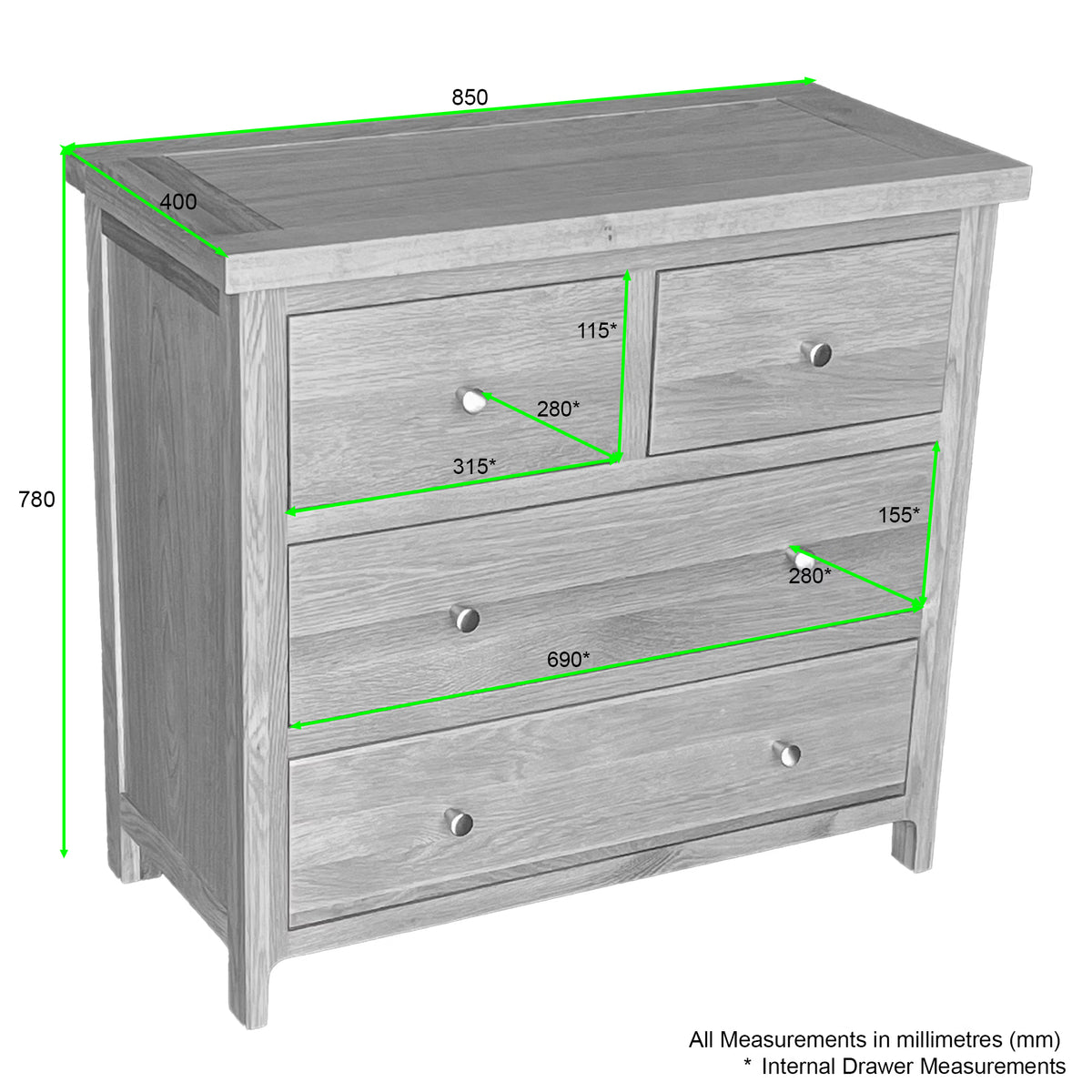Oak chest of drawers with four drawers, silver handles, and detailed measurements in mm