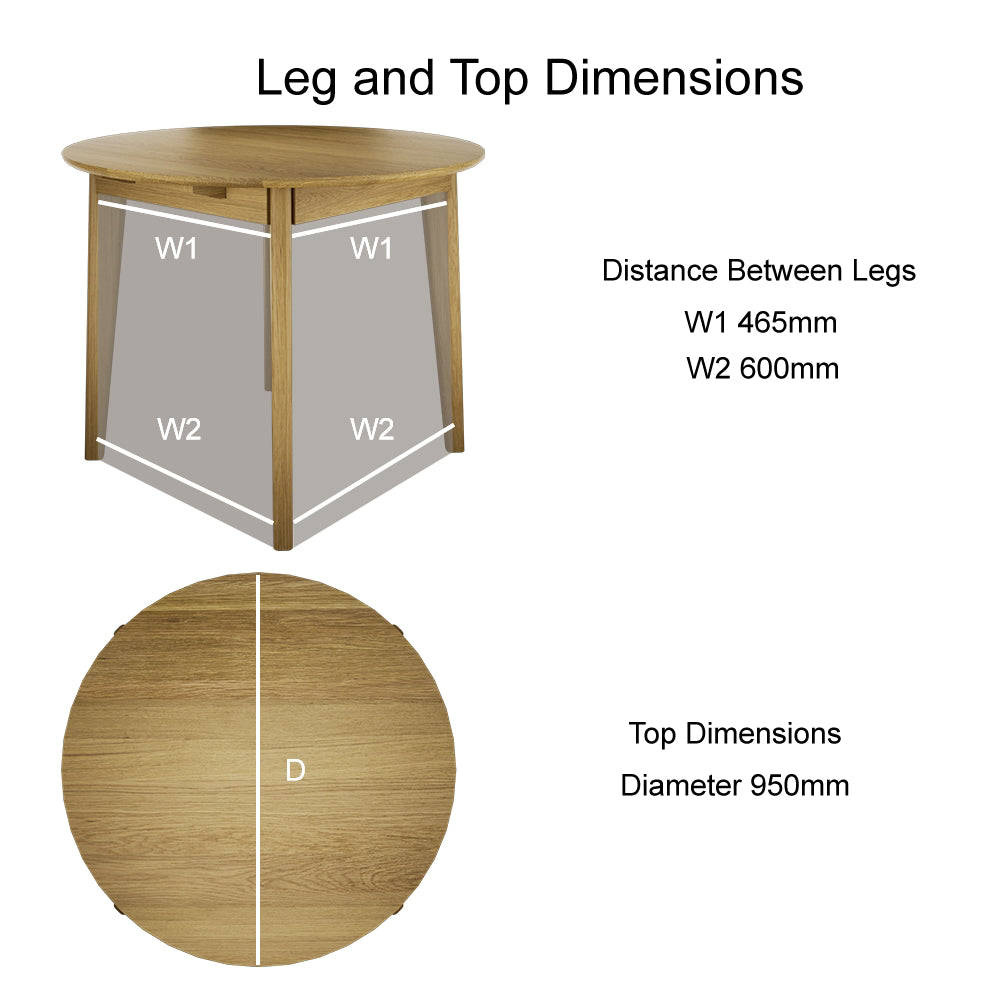 Round oak dining table with leg spacing and top diameter measurements illustrated