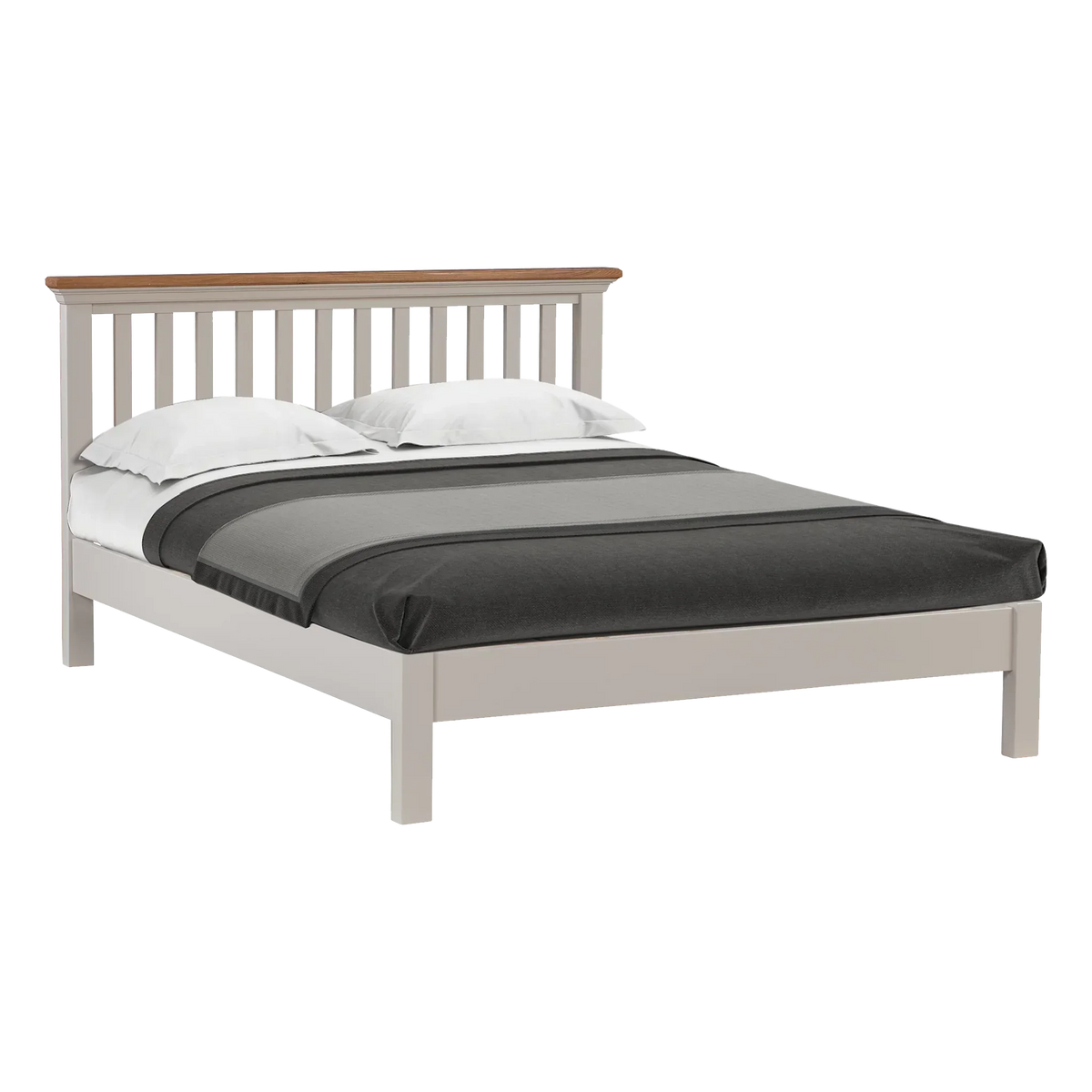 Grey wooden bed frame with slatted headboard, two white pillows and dark bedding