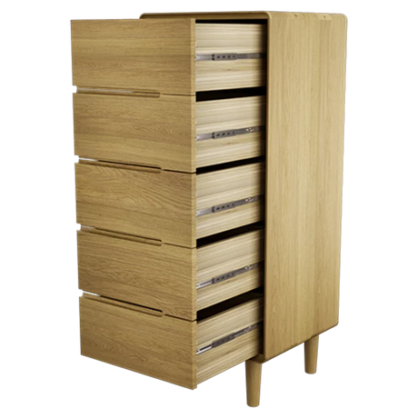 Oak tall chest of drawers with six open drawers on wooden legs
