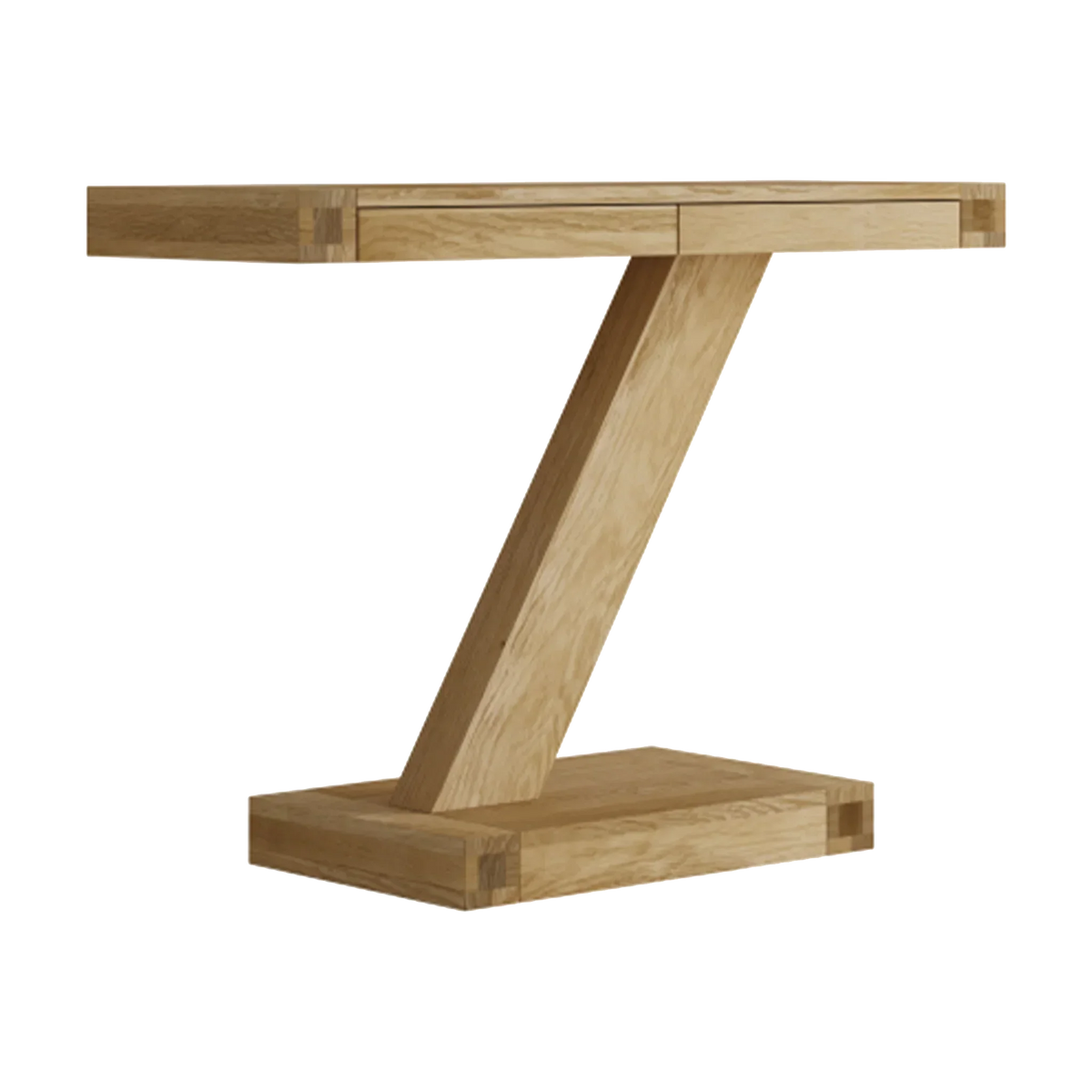 Oak console table with Z-shaped base and rectangular top, side angle view