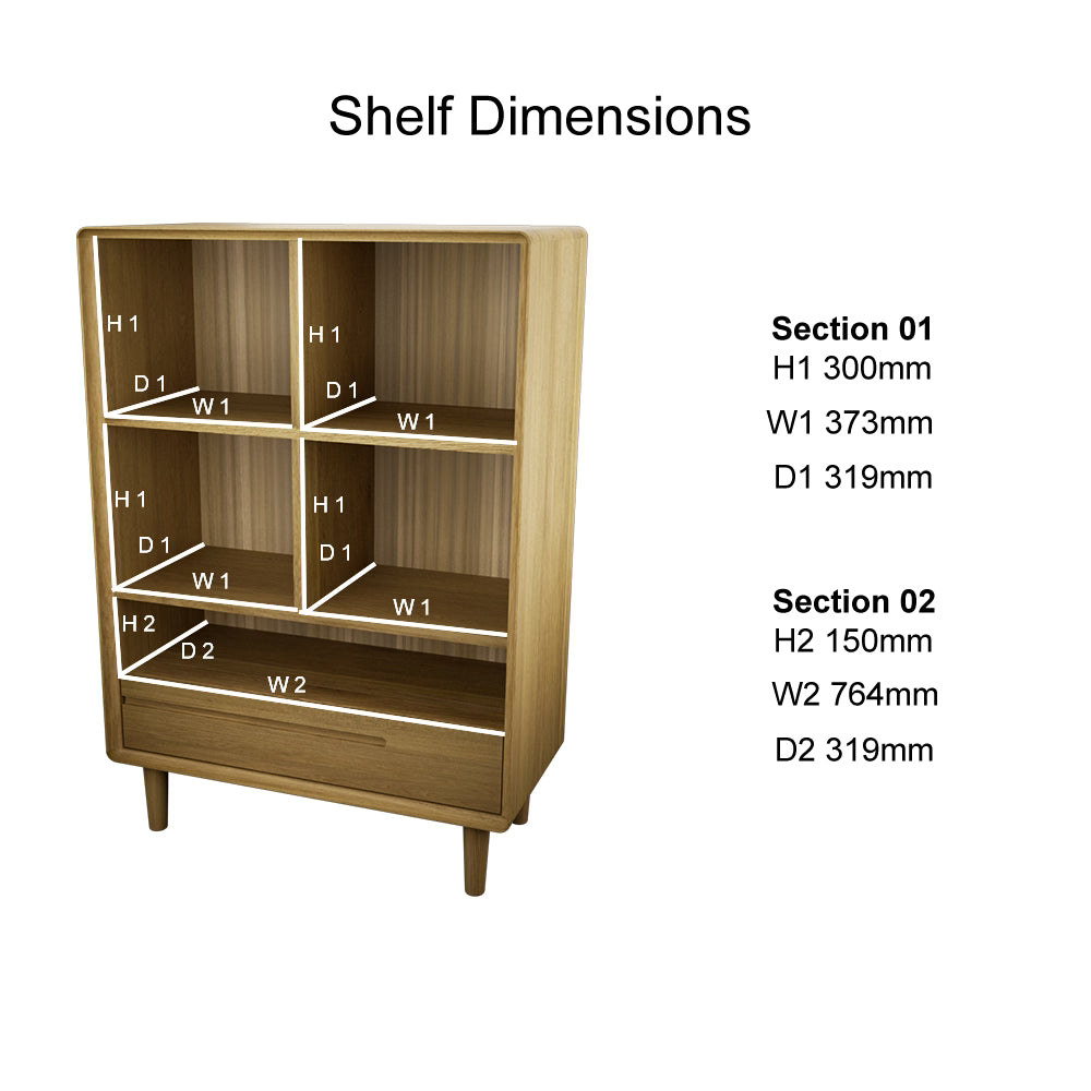 Wooden bookcase with four cubby shelves and one wide lower shelf, labeled dimensions shown