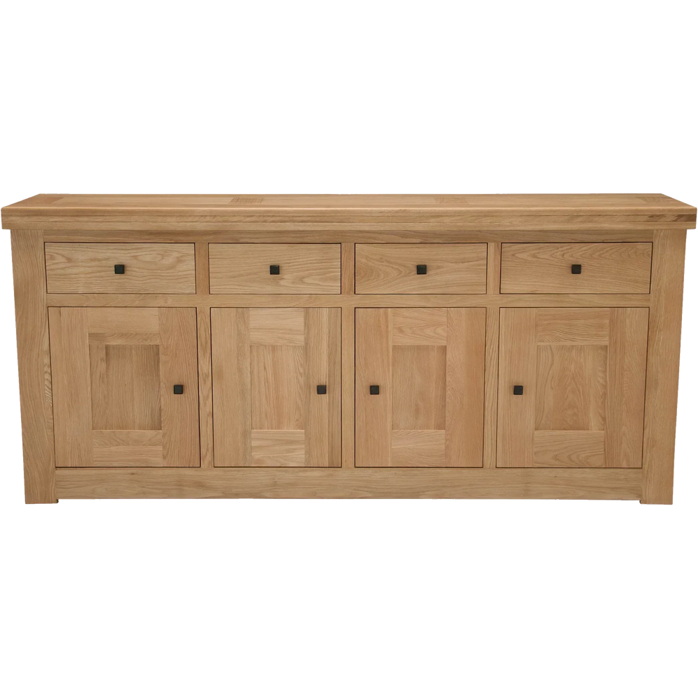 Oak sideboard with four doors, four drawers and square handles, front view