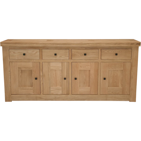 Oak sideboard with four doors, four drawers and square handles, front view