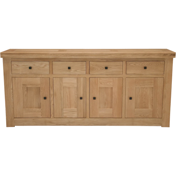 Oak sideboard with four doors, four drawers and square handles, front view