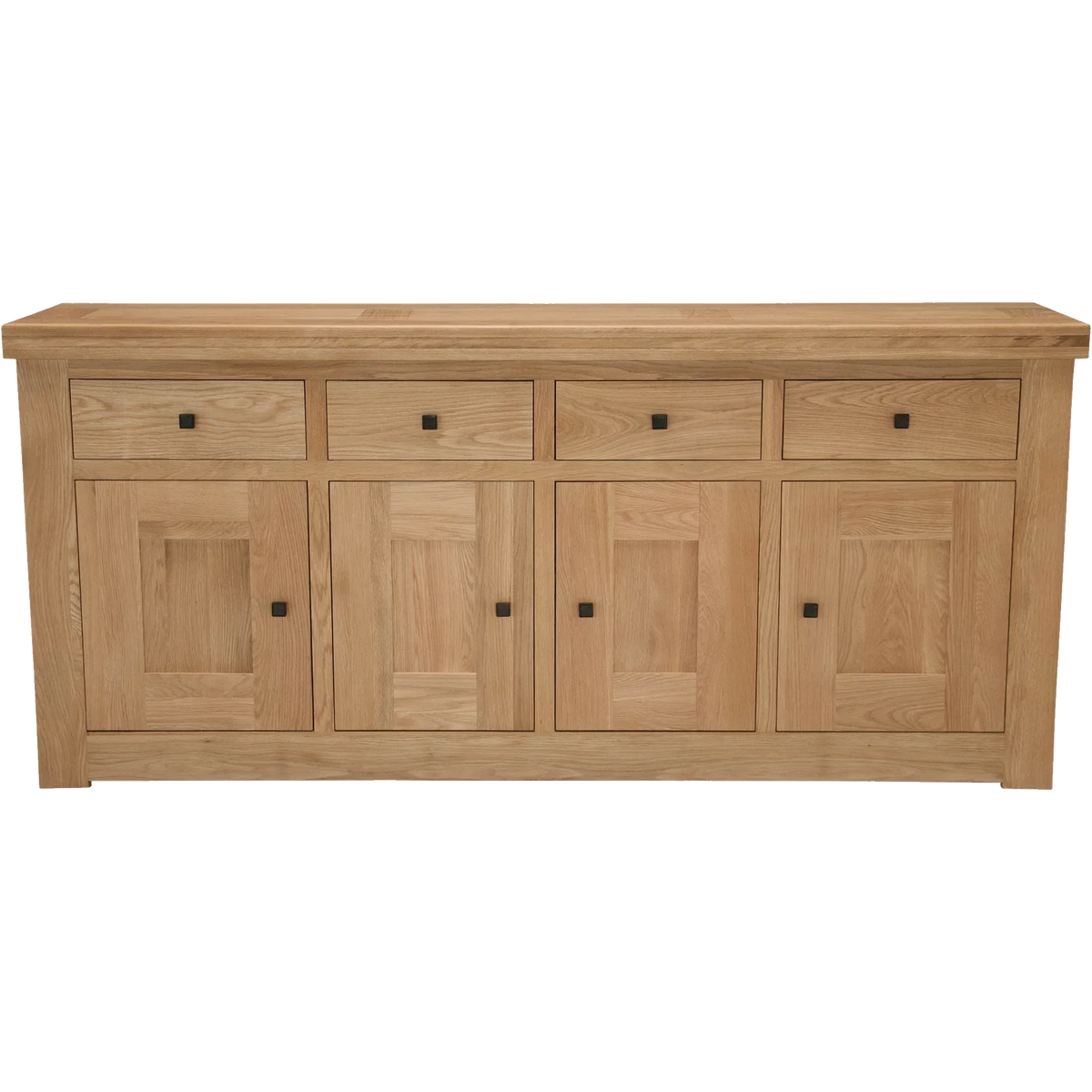 Oak sideboard with four doors, four drawers and square handles, front view
