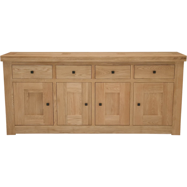 Oak sideboard with four doors, four drawers and square handles, front view