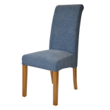 blue fabric dining chair with oak wooden legs side angle