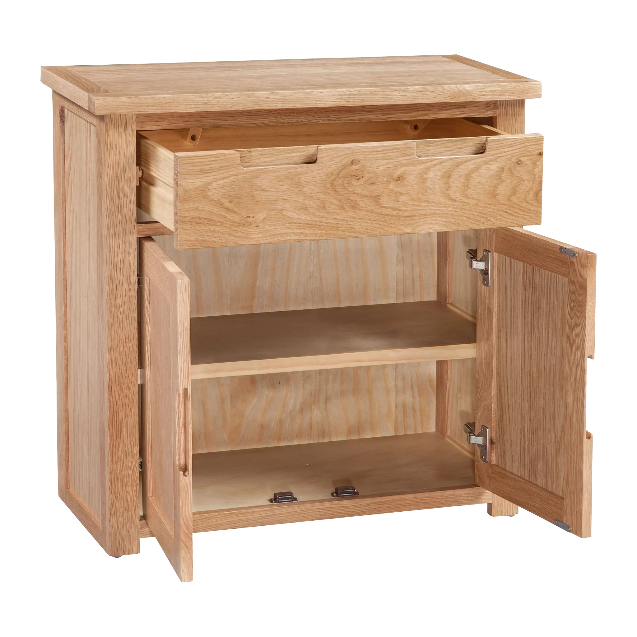 Oak sideboard with open drawer, two cabinet doors and internal shelf