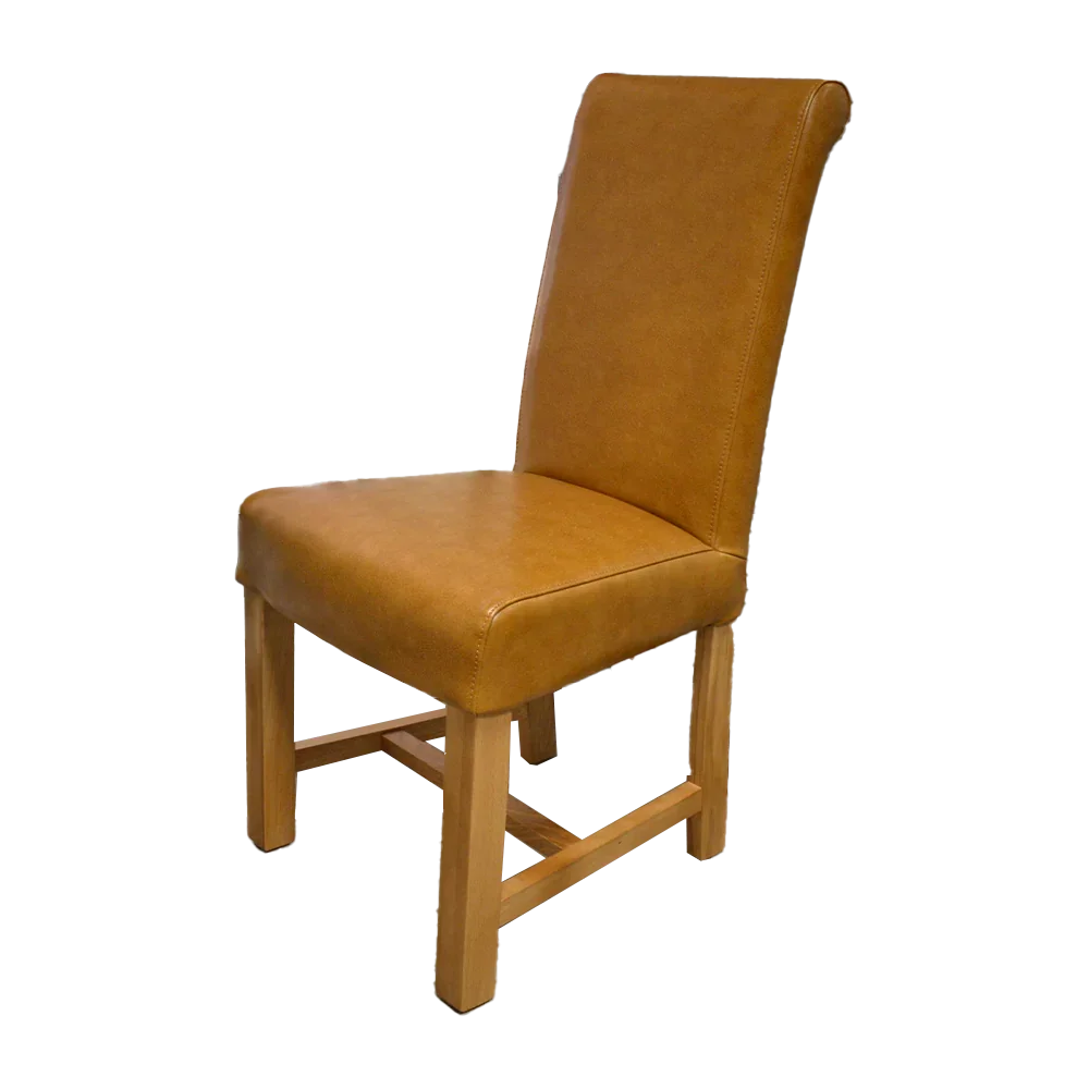 Tan leather dining chair with oak legs and high backrest, angled side view