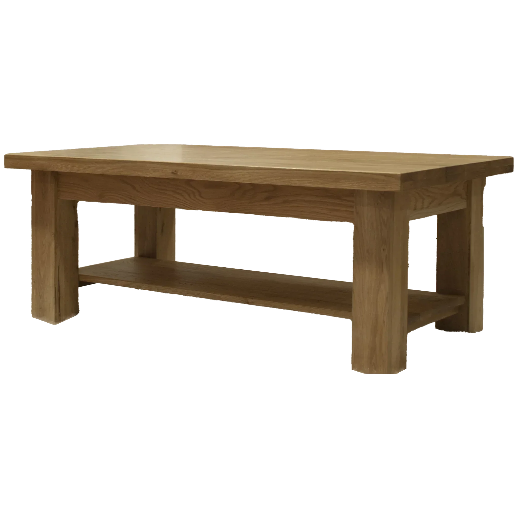 Oak coffee table with lower storage shelf, rectangular shape, natural wood finish
