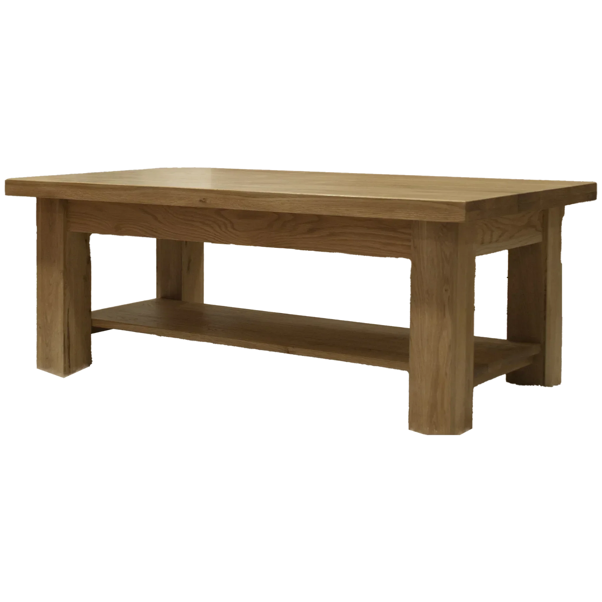 Oak coffee table with lower storage shelf, rectangular shape, natural wood finish