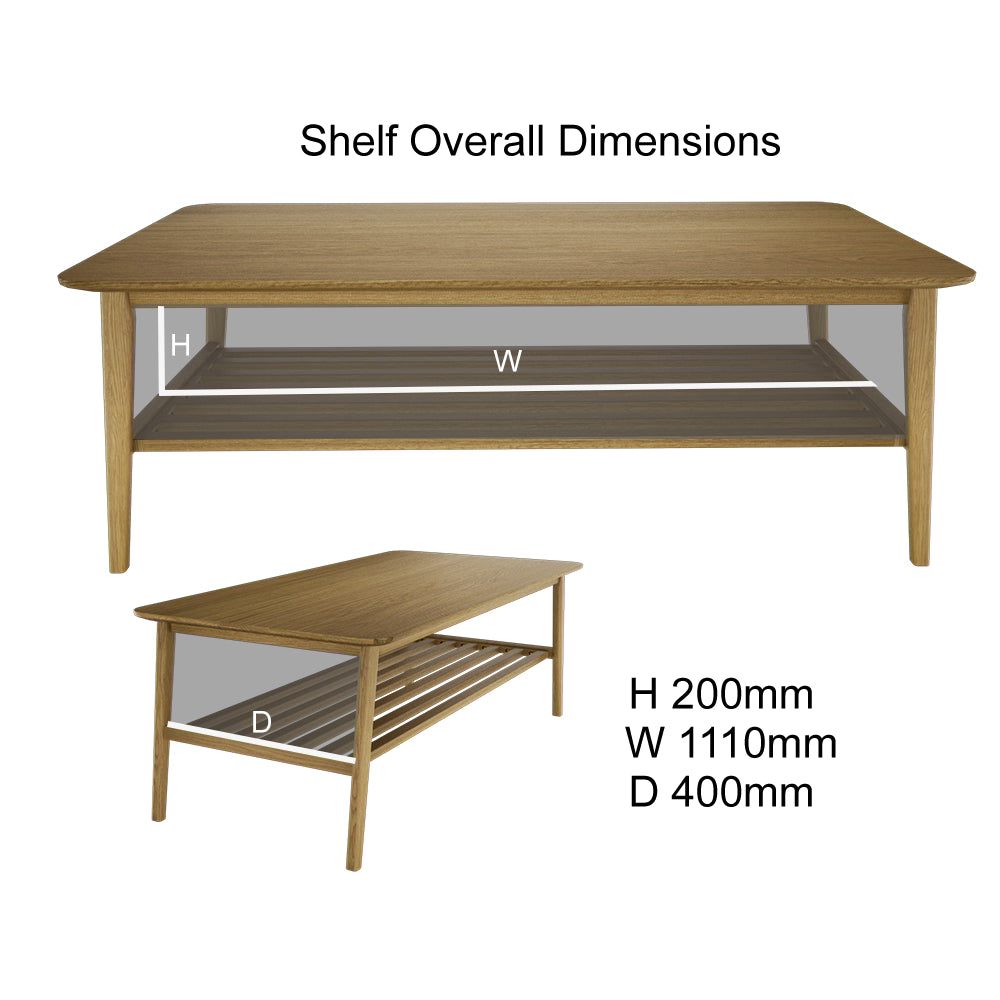 Oak coffee table with slatted shelf, shown with dimensions H 200mm W 1110mm D 400mm