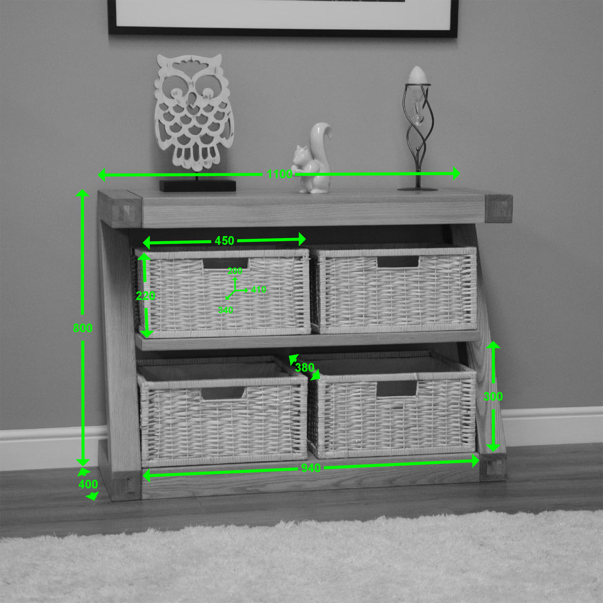 Wooden storage console with wicker baskets and decorative ornaments, annotated measurements shown