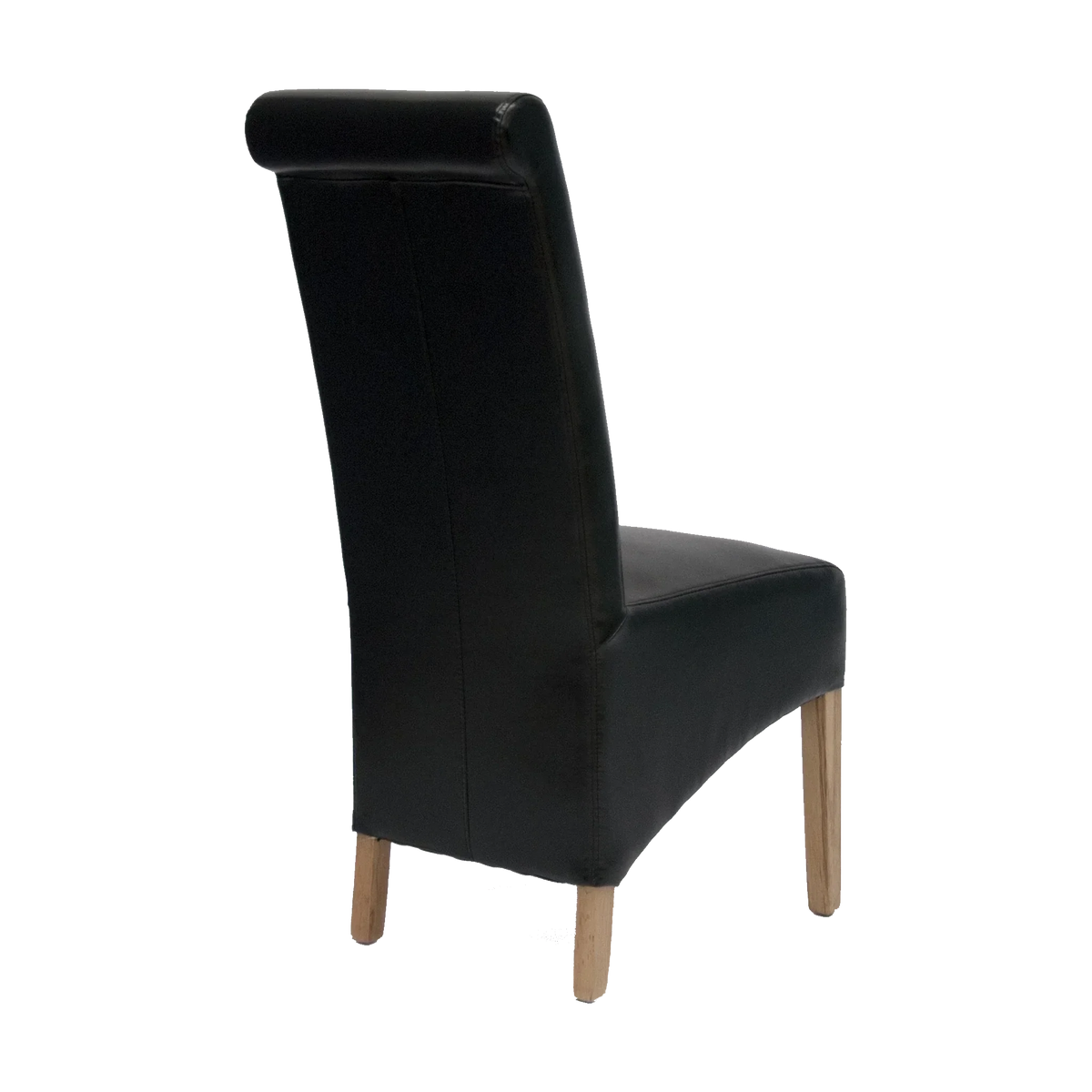 Black leather dining chair with light wood legs shown from rear angle
