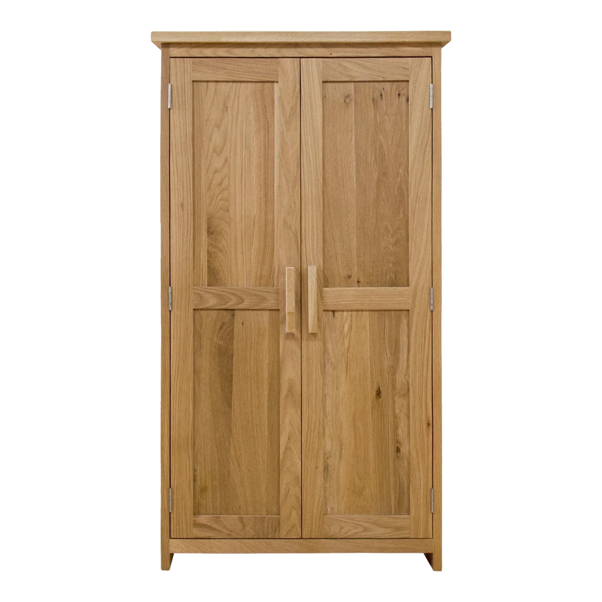 Solid oak wardrobe with panelled double doors and vertical handles, front view