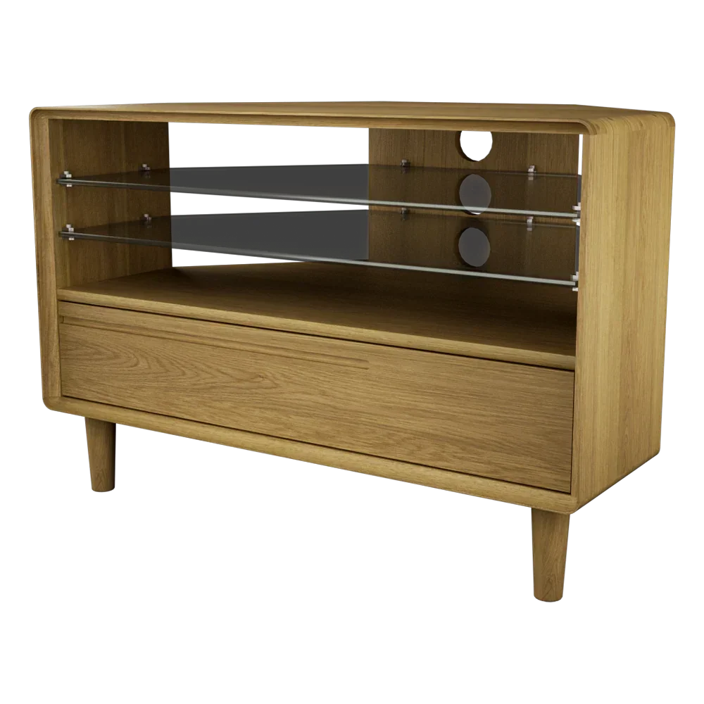 Oak media unit with glass shelves and single drawer, cable cutouts on back panel
