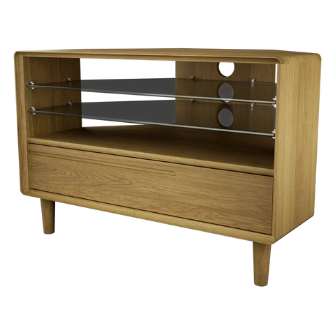 Oak media unit with glass shelves and single drawer, cable cutouts on back panel