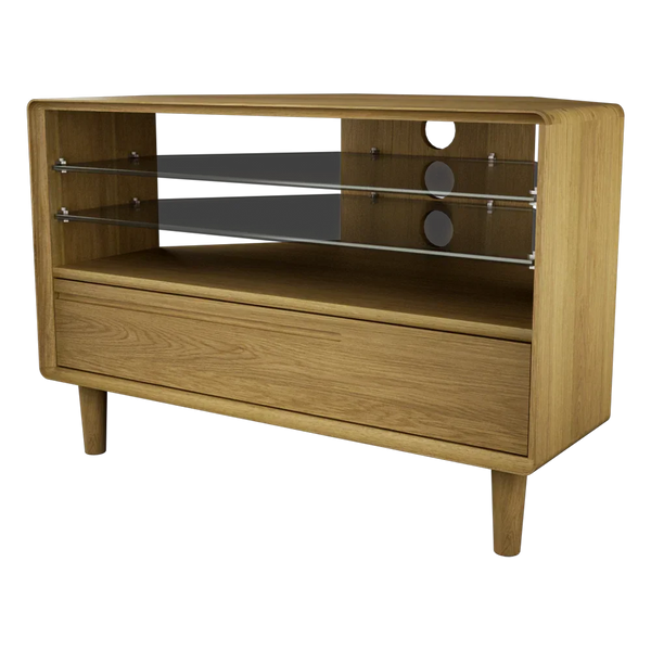 Oak media unit with glass shelves and single drawer, cable cutouts on back panel