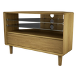 Oak media unit with glass shelves and single drawer, cable cutouts on back panel