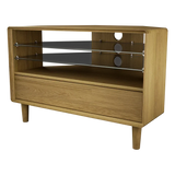 Oak media unit with glass shelves and single drawer, cable cutouts on back panel