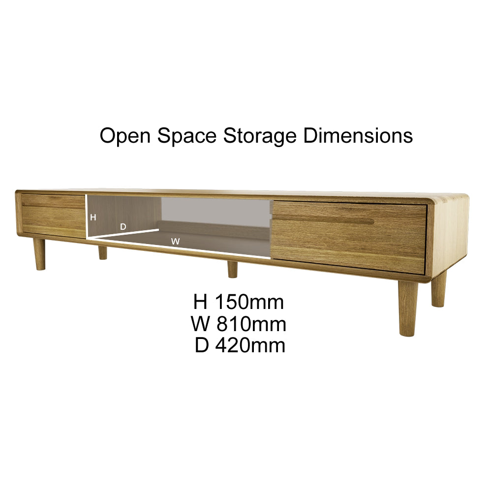 Oak TV unit with open storage compartment, showing dimensions H 150mm W 810mm D 420mm