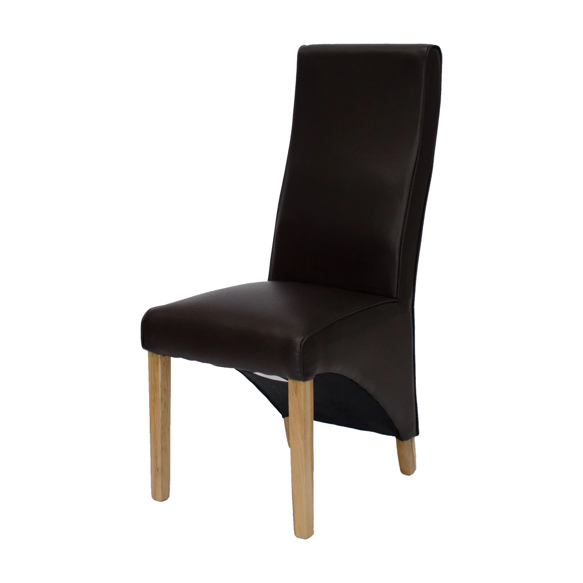 Brown leather dining chair with wooden legs and high backrest, side angle view