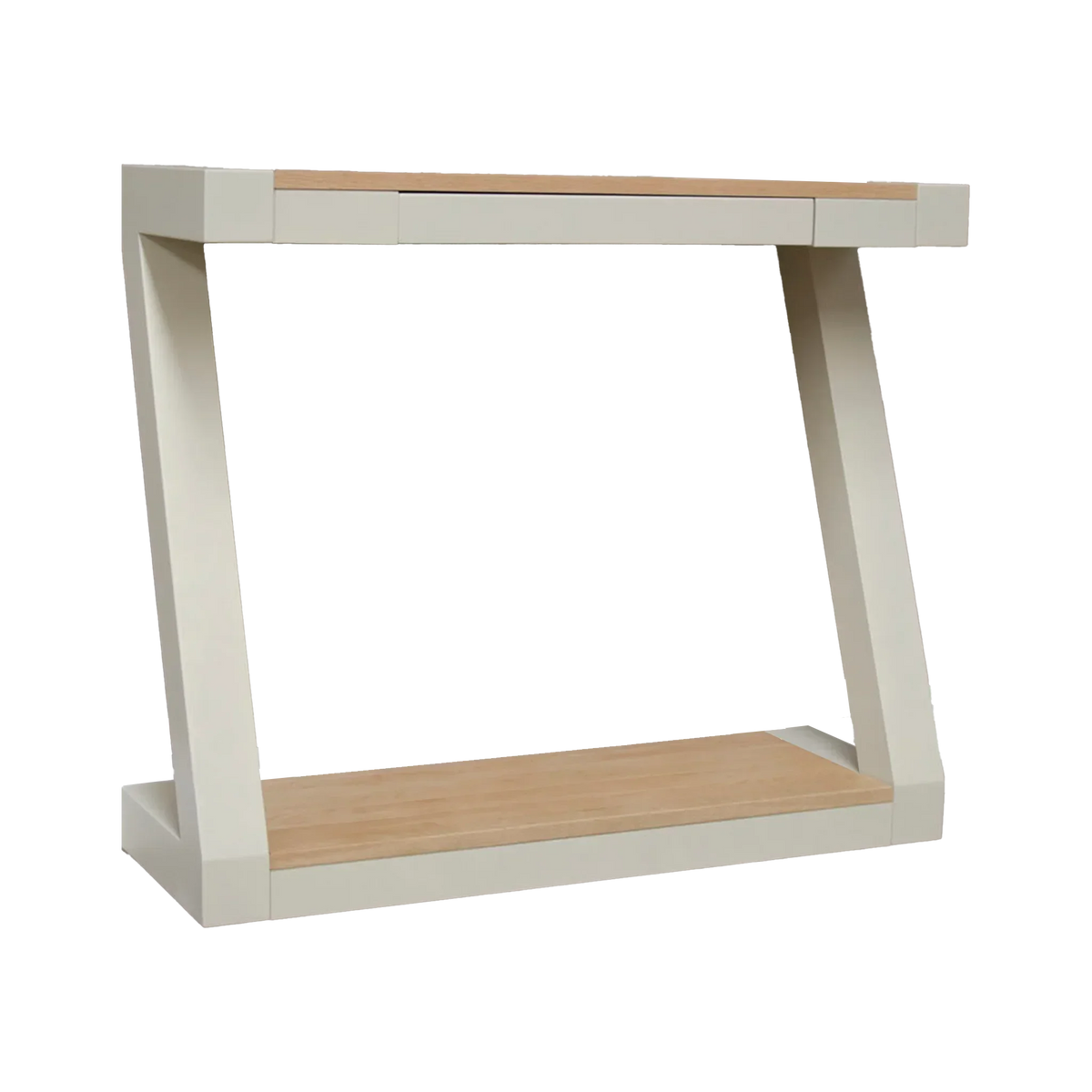 Modern console table with cream frame and light wood top and base shelf