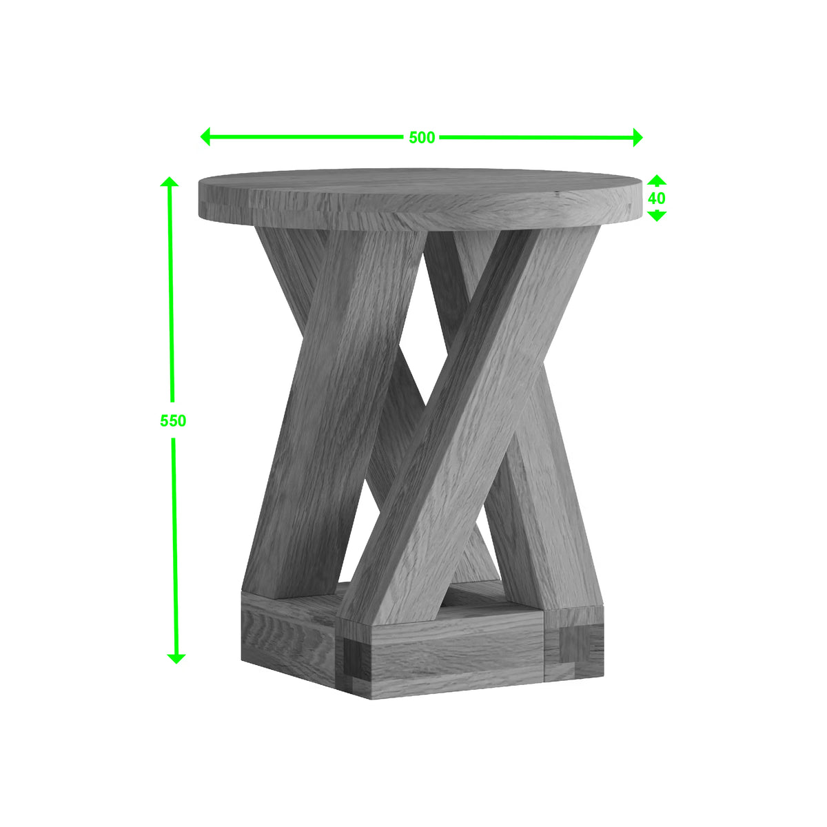Oak round side table with cross beam base, showing dimensions in millimeters